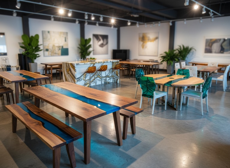 Showroom with multiple epoxy resin dining sets, including walnut tables with blue resin rivers and matching benches, surrounded by bar stools and greenery under gallery lighting.