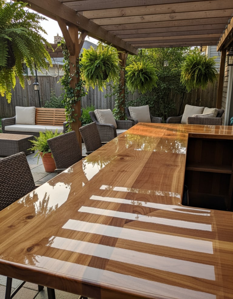 Outdoor patio bar with a glossy epoxy-coated wooden countertop under a pergola, surrounded by wicker chairs, hanging ferns, and soft natural sunlight.