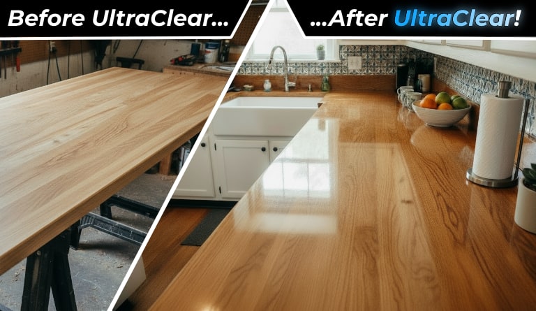 Side-by-side comparison of a wooden countertop before and after an epoxy finish. One side shows the unfinished countertop in a workshop. The other displays it installed in a kitchen with a glossy epoxy finish, reflecting light beautifully.