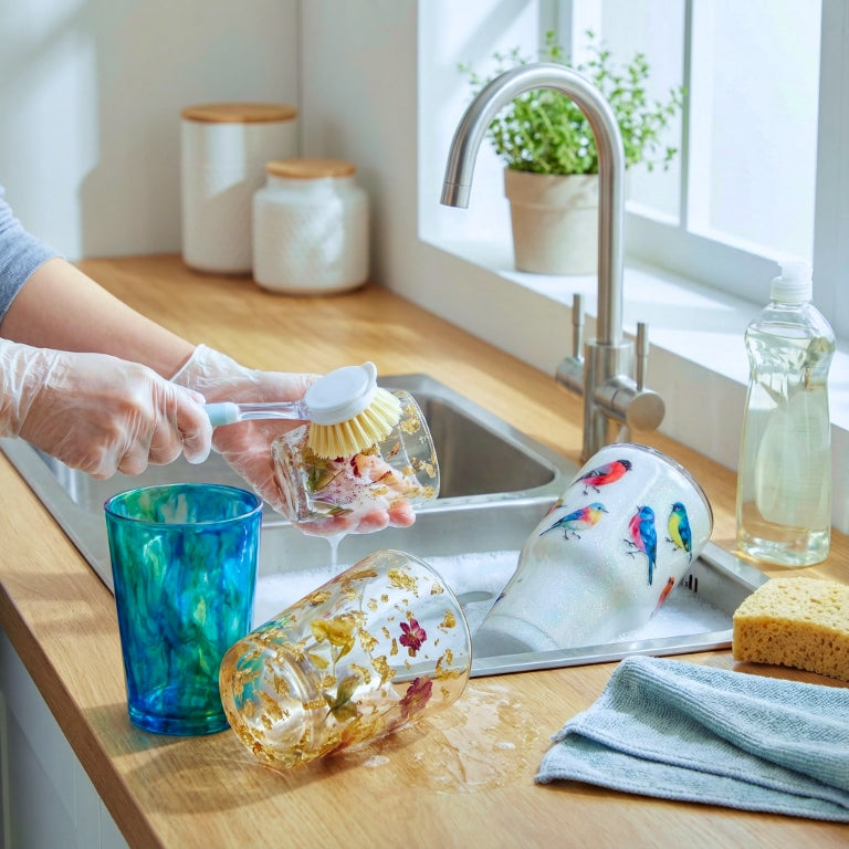 Gloved hands scrub a clear resin cup with a brush at a kitchen sink, with other epoxy tumblers and dish soap nearby.