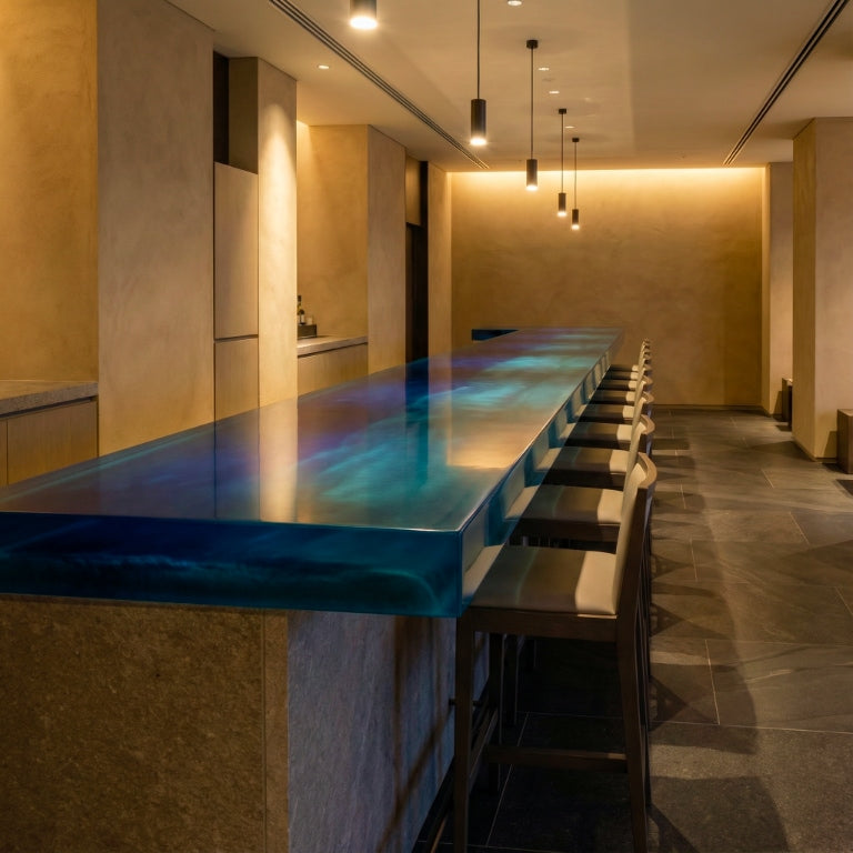 Long architectural epoxy bar top with layered blue–teal gradients in a minimalist commercial interior, viewed lengthwise with aligned stools and warm ambient lighting.