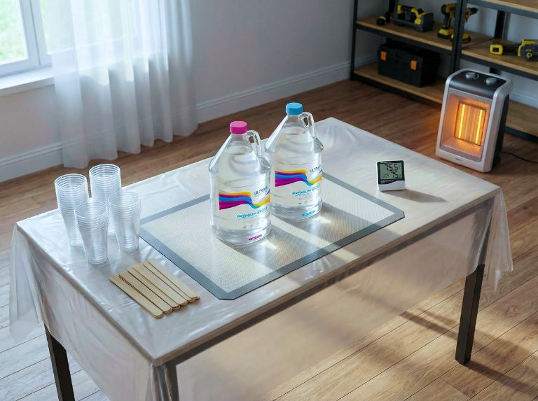 Epoxy workspace with two large UltraClear Bar & Table Top Epoxy resin bottles on a silicone mat, clear mixing cups, stir sticks, a space heater, and a digital thermometer showing mid-70s temperatures.