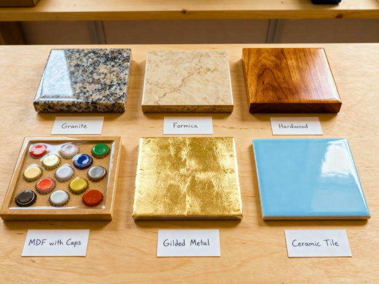 Six square substrate samples—granite, formica, hardwood, MDF with bottlecaps, gilded metal, and ceramic tile—each coated in clear epoxy.