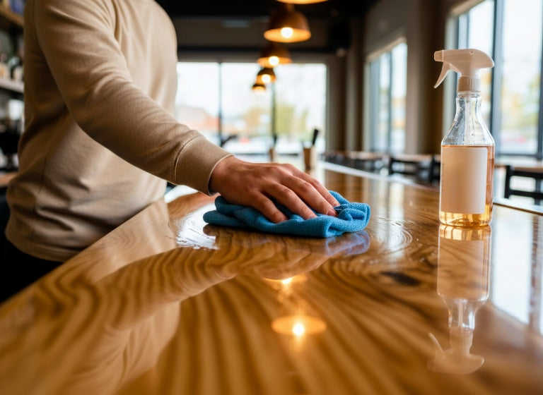 Hand wiping a glossy epoxy bar top with a blue microfiber cloth while a spray bottle sits nearby in a dimly lit restaurant.