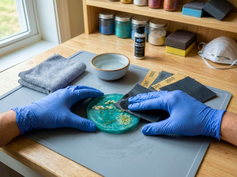 Hands wearing blue nitrile gloves wet-sand a round teal resin piece with embedded flowers on a gray work mat, with sandpaper sheets, a microfiber cloth, and a small water bowl nearby.