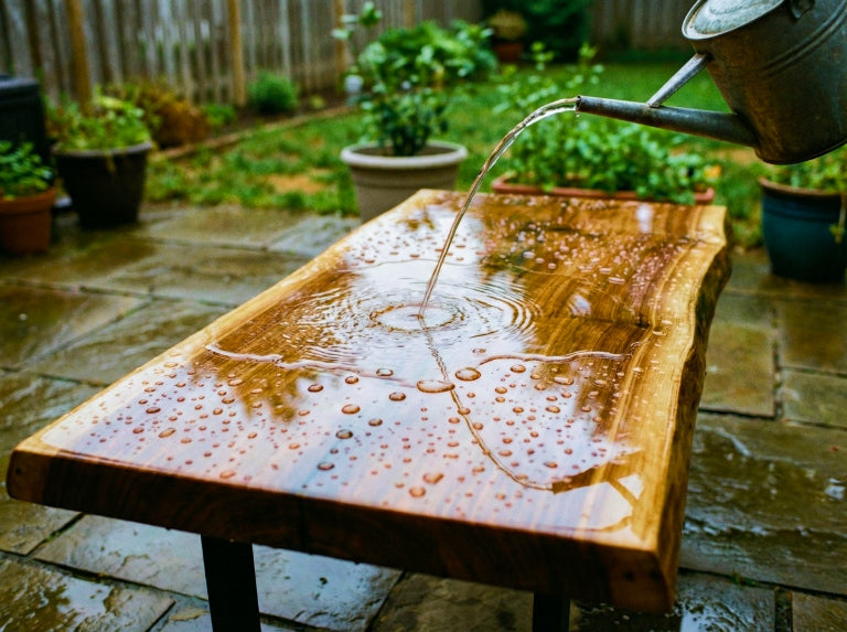 Water beading on a live-edge epoxy table outdoors while a watering can pours onto the surface, showing strong water resistance.