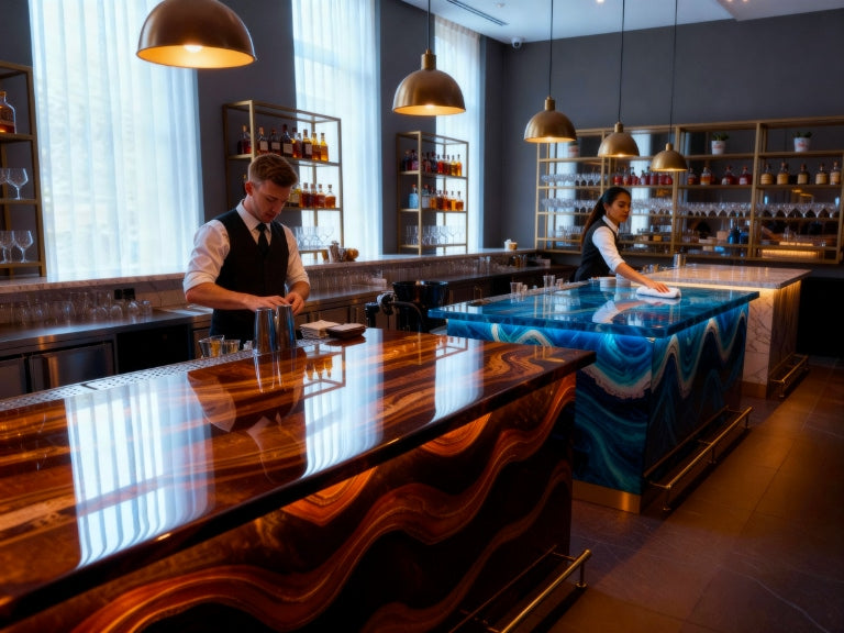 Two bartenders prepare a modern lounge before opening, behind elegant epoxy bar tops—one in amber waves, the other in deep ocean-blue resin.