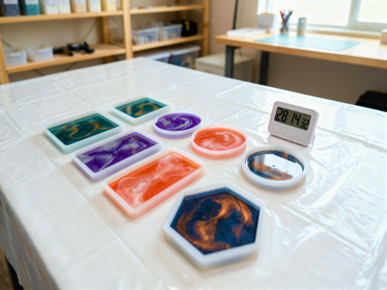 Colorful epoxy pieces curing in silicone molds on a covered worktable, with a digital timer showing elapsed curing time.
