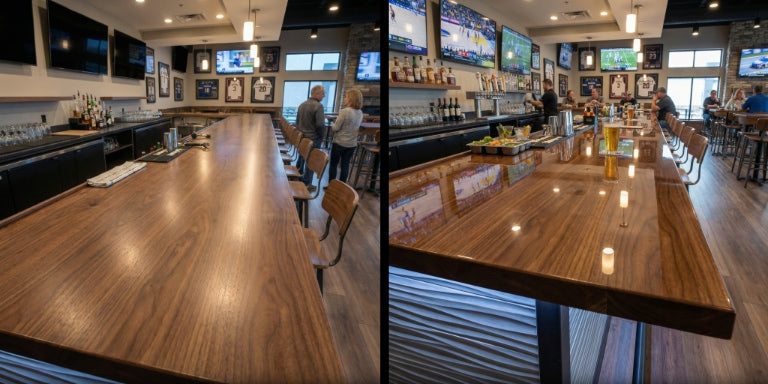Split image of a sports bar before and after an epoxy bar top finish, showing a matte wood surface on the left and a glossy, reflective surface on the right.
