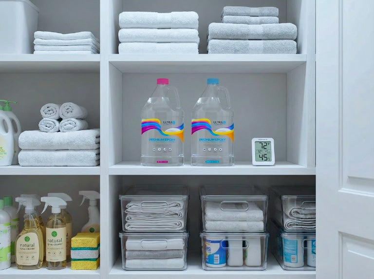 Two bottles of UltraClear Bar & Table Top Epoxy in a storage closet with a thermometer that reads 72 degrees F and 45 percent humidity.