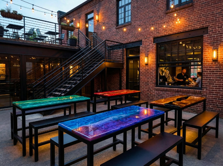 Outdoor brewery courtyard with four rectangular metal-framed tables featuring vibrant epoxy slab tops in blue, green, red, and amber, arranged beneath string lights beside an industrial brick building.