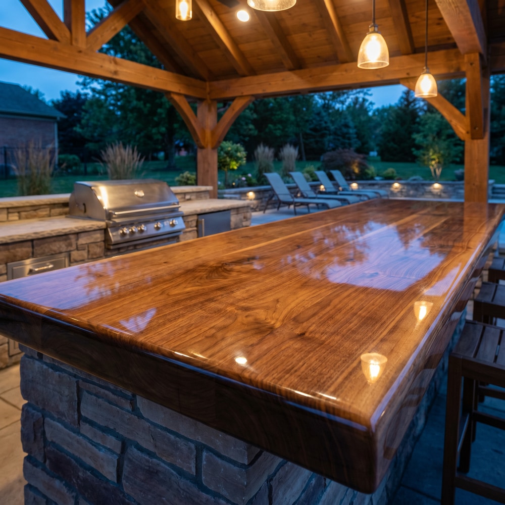 Glossy epoxy-coated walnut outdoor bar top beneath a timber pavilion with built-in grill and backyard seating at dusk.