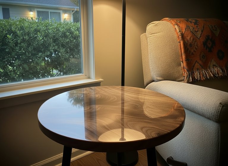 A round wooden end table with a glossy epoxy finish sits beside a beige armchair and floor lamp, near a window with soft evening light filtering through.