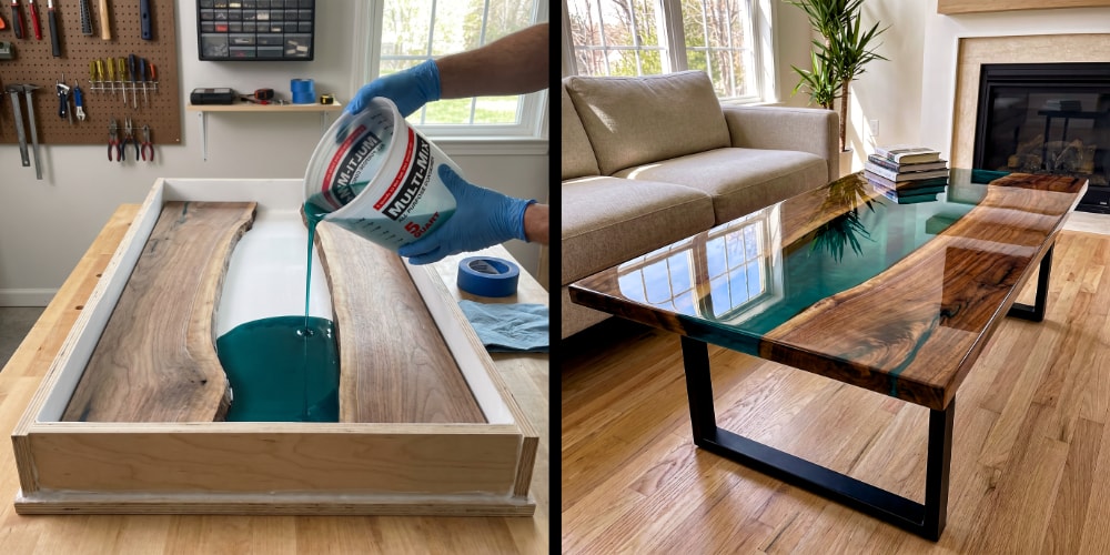 River table in progress and completed. A turquoise epoxy river is poured between walnut slabs in a workshop mold, then shown cured as a glossy coffee table in a bright living room.