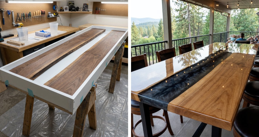 Black epoxy river dining table in progress in a workshop and completed on a covered mountain-view patio with a glossy deep-pour finish.