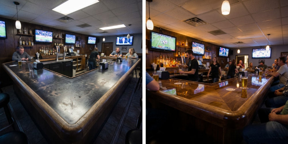 Before-and-after comparison of a home basement bar, showing a worn and heavily scuffed wood bar transformed into a glossy epoxy-finished centerpiece with warm lighting and a gathering of guests.