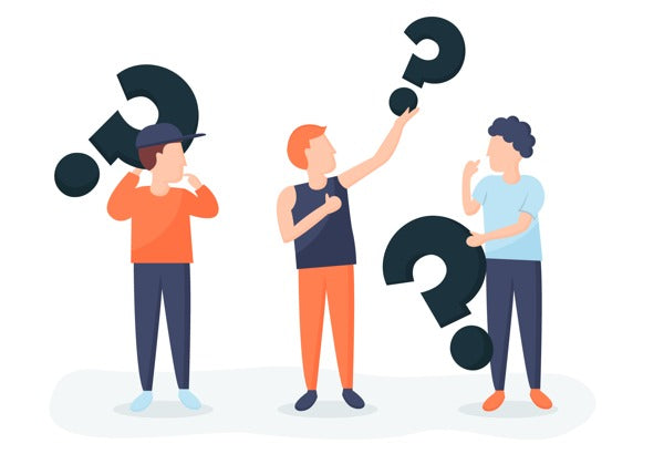 Drawing of three people holding question marks