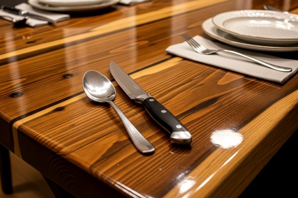 A wooden epoxy dining table. Resting on it are plates and utensils, including sharp knives.