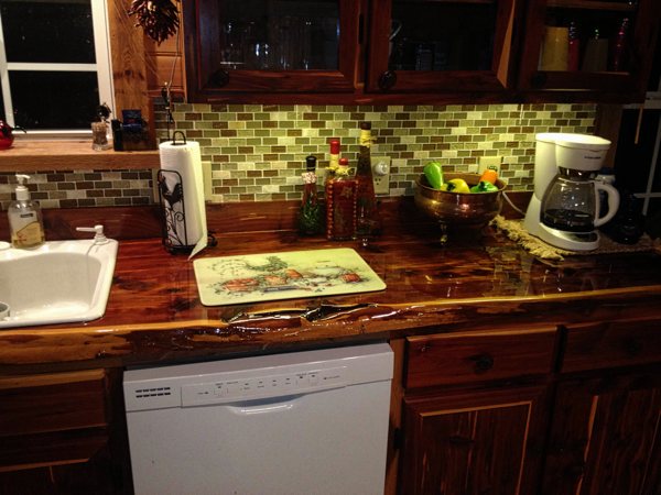 A wooden epoxy kitchen countertop.