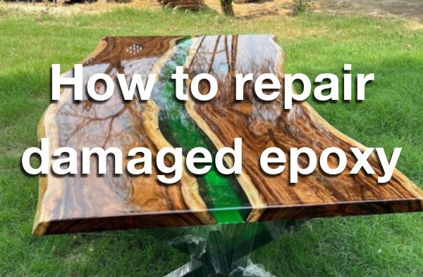 A blurred photo of an epoxy river table. It has a text overlay that says, "How to repair damaged epoxy".