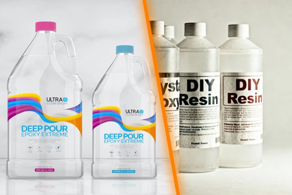 Side-by-side images of UltraClear Deep Pour Epoxy and generic DIY epoxy in sealed bottles. The two images are separated by a divider line at a slight angle for a dynamic look.