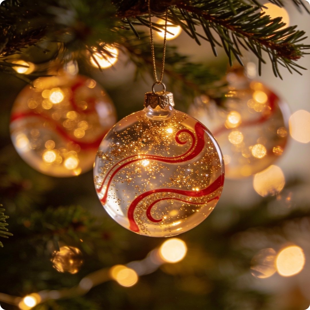 Decorative glass ornament with red swirl design on a Christmas tree.
