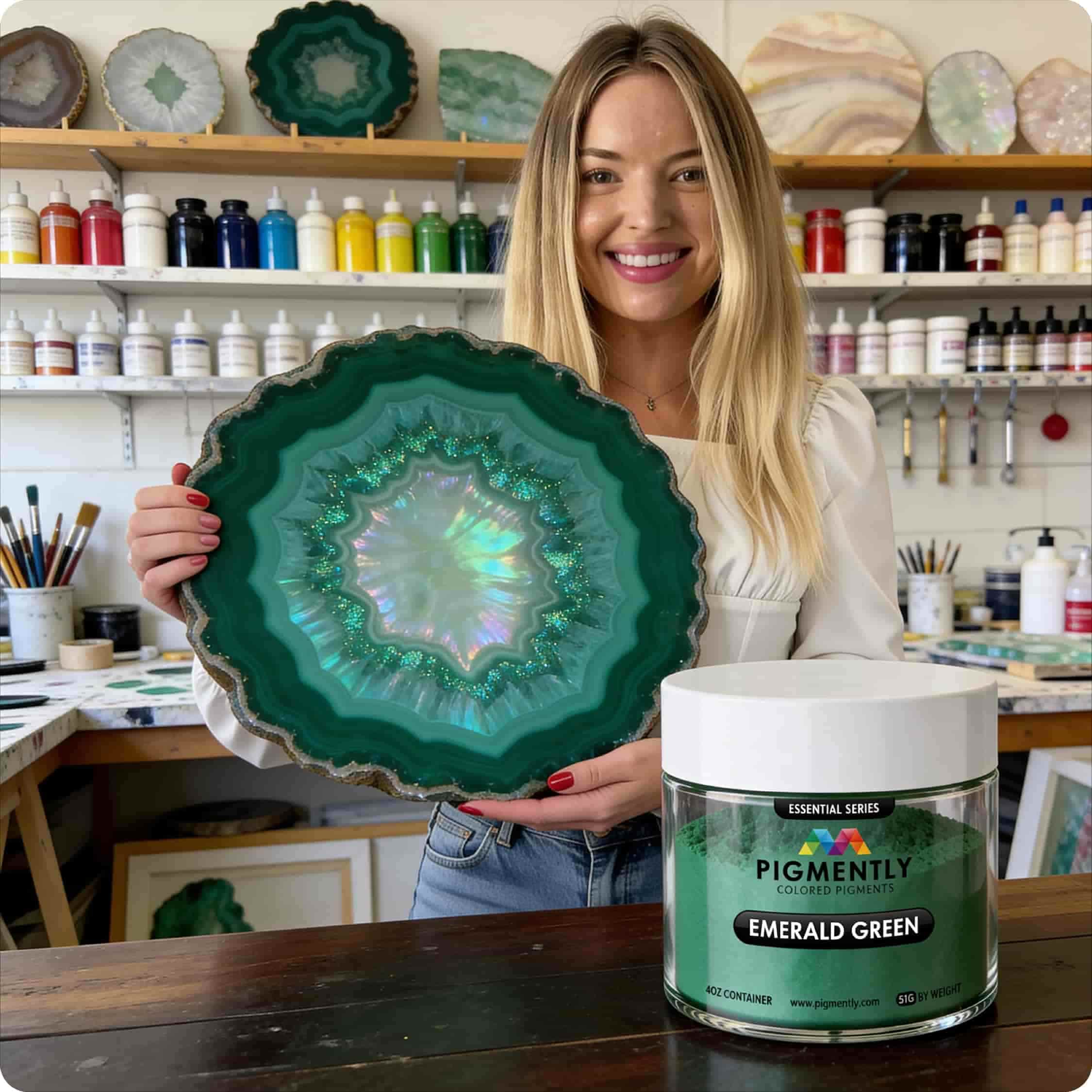 Ilona holding a decorative plate with a green geode design, next to a jar of Pigmently Emerald Green paint.