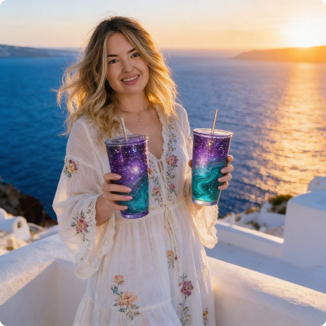 Ilona holding two colorful tumblers with a scenic background