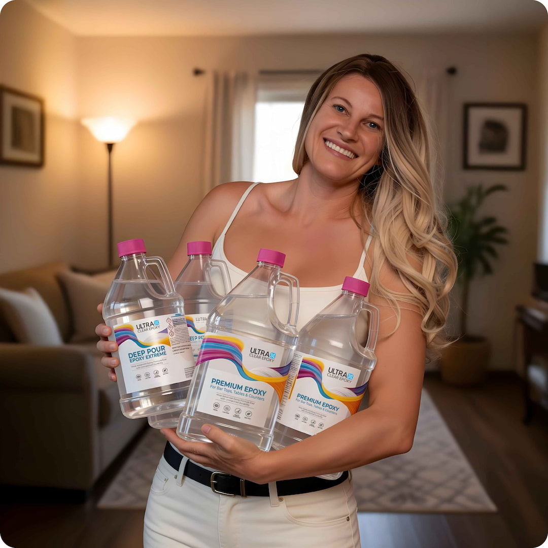 Meike holding bottles of Ultra Deep Epoxy Resin in a living room setting
