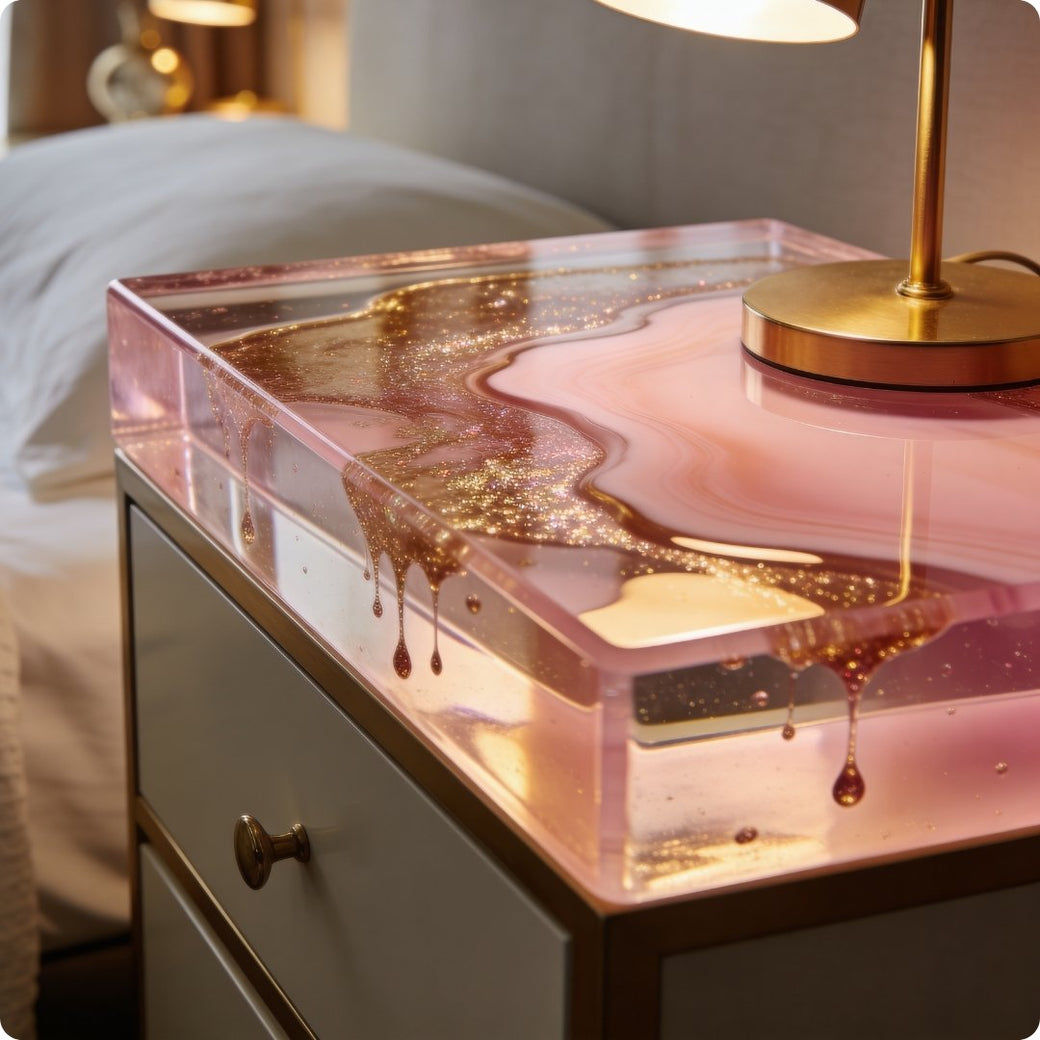 Decorative nightstand with pink and gold resin top