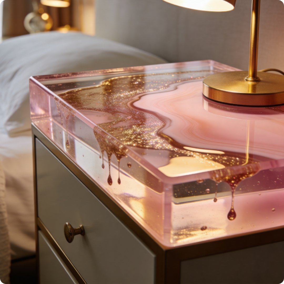 Decorative nightstand with pink and gold resin top