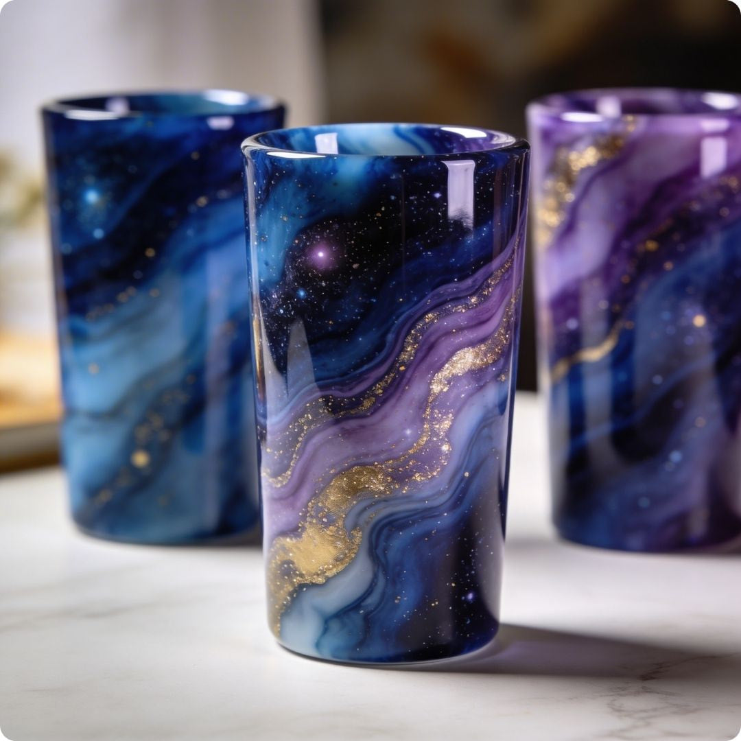 Three galaxy-themed glass tumblers with blue, purple, and gold marbled design on a marble surface.