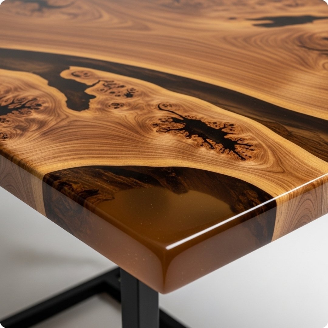 Wooden table with a resin finish on a white background