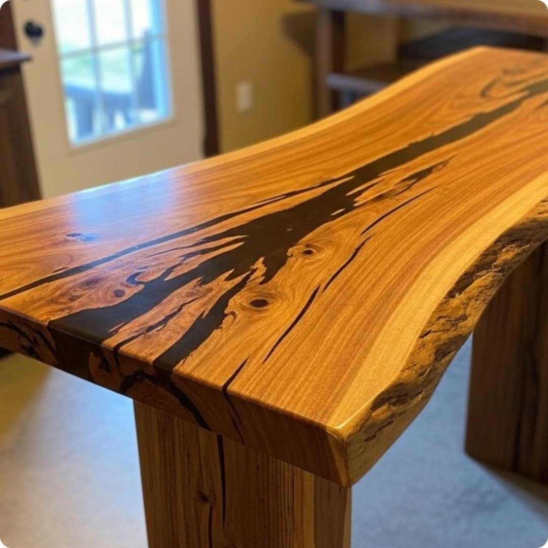 Wooden table with a black resin finish, blurred indoor background