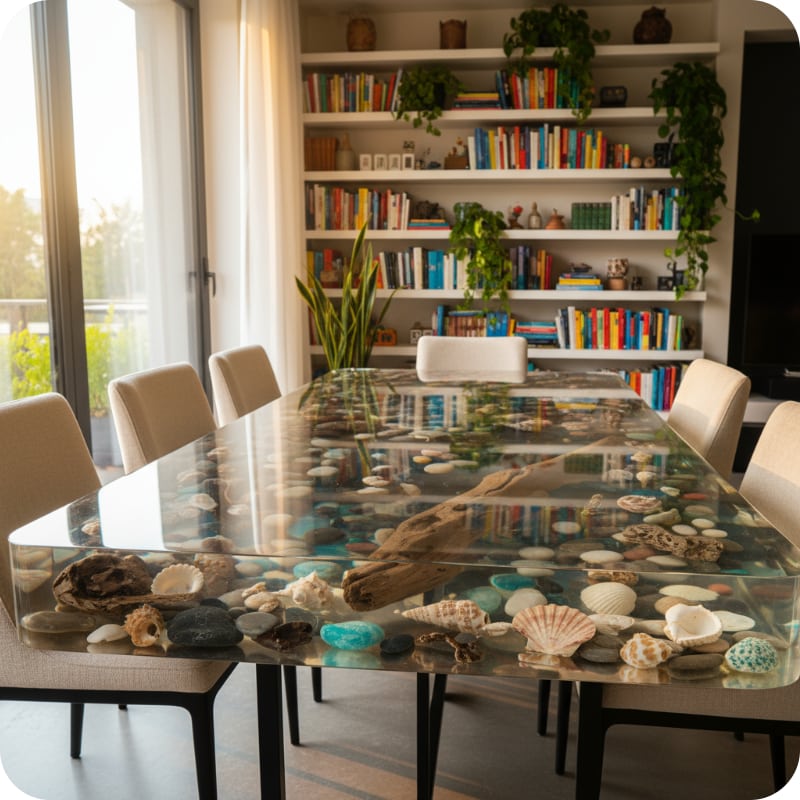 Dining room Epoxy table with a glass table featuring seashells and driftwood, surrounded by books and plants.