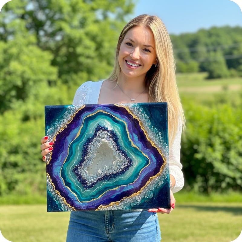 Woman holding an epoxy geode artwork in a natural setting