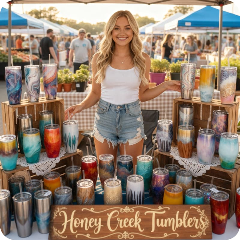Woman standing behind a display of epoxy tumblers at an outdoor market.