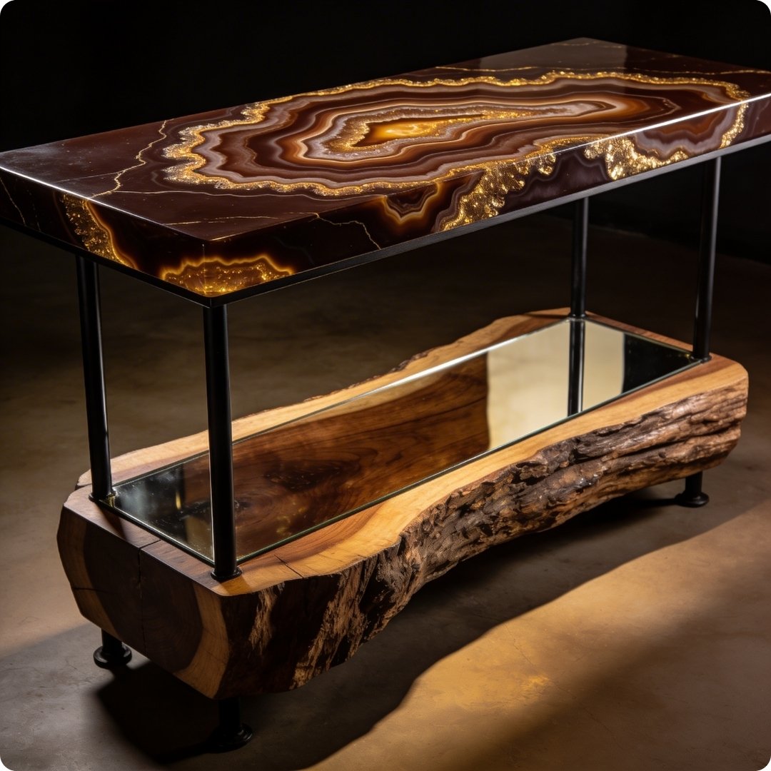 Wooden console table with a unique design on a dark background