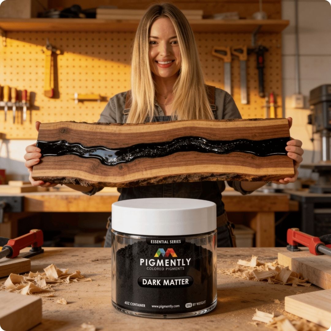 Ilona holding a wooden slab with a jar of powder pigment Dark Matter in a workshop setting