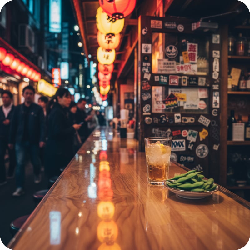 Epoxy Bar counter with a drink and snacks in a vibrant street setting at night.
