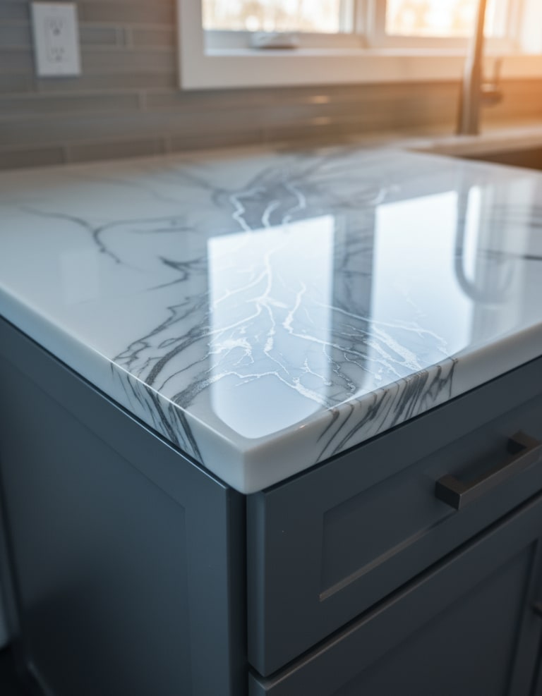 Close-up of a glossy epoxy countertop with a white marble-look finish and subtle gray veining, installed over dark blue cabinetry near a kitchen window.
