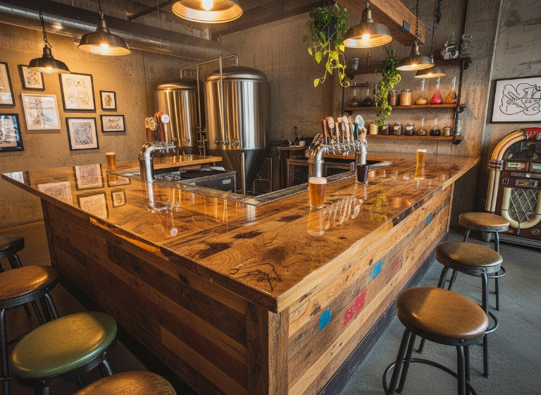 A rustic brewery bar with a glossy epoxy-coated wood countertop reflecting warm light from overhead fixtures. Metal stools surround the bar, and stainless-steel brewing tanks stand in the background, adding an industrial touch.