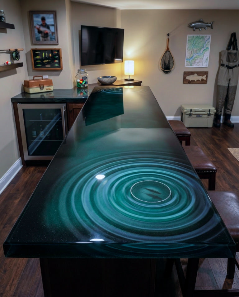 Long epoxy bar top in a private lounge with deep teal “water ripple” rings and fishing-themed decor on the walls.