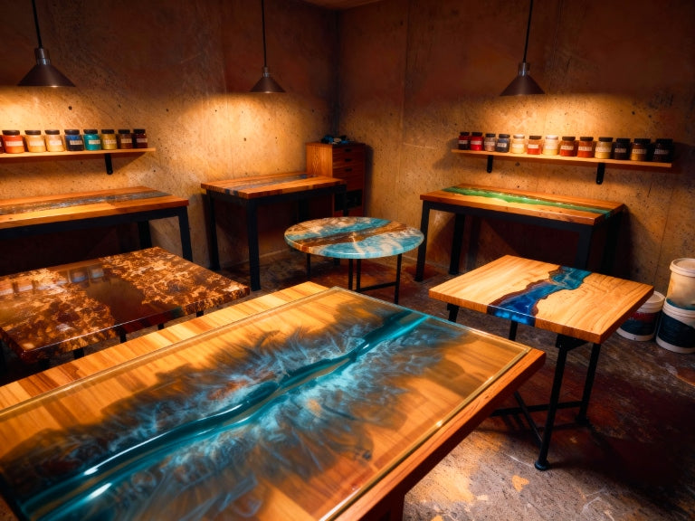 A workshop filled with finished epoxy tables in varied colors and depths, each piece glowing under warm pendant lights on wood-and-metal stands.