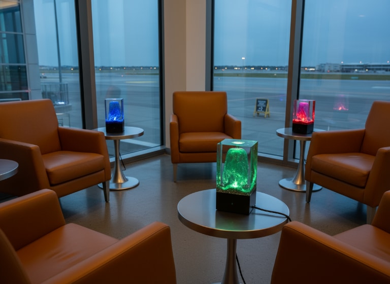 Airport lounge with orange chairs arranged around small metal tables, each with a glowing epoxy resin lamp.. The lamps feature translucent rectangular resin blocks with diffusing light, positioned near large windows overlooking the runway.