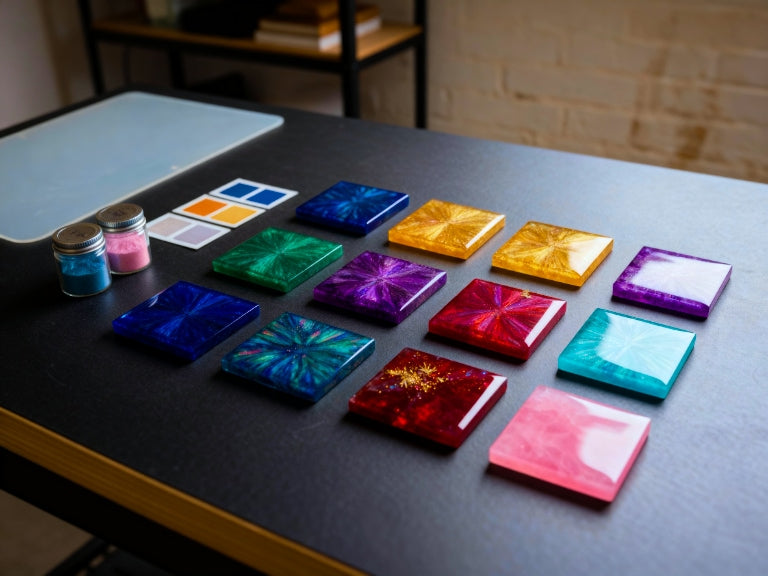 A workbench displays a neat grid of small, gemstone-colored epoxy tiles—reds, purples, blues, greens, golds—arranged beside pigment jars and swatch cards.