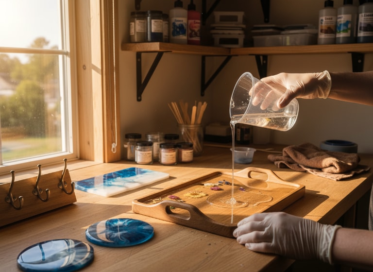 A person wearing gloves pours clear epoxy resin into a wooden serving tray embedded with pressed flowers, surrounded by pigments and finished coasters on a sunny workbench.