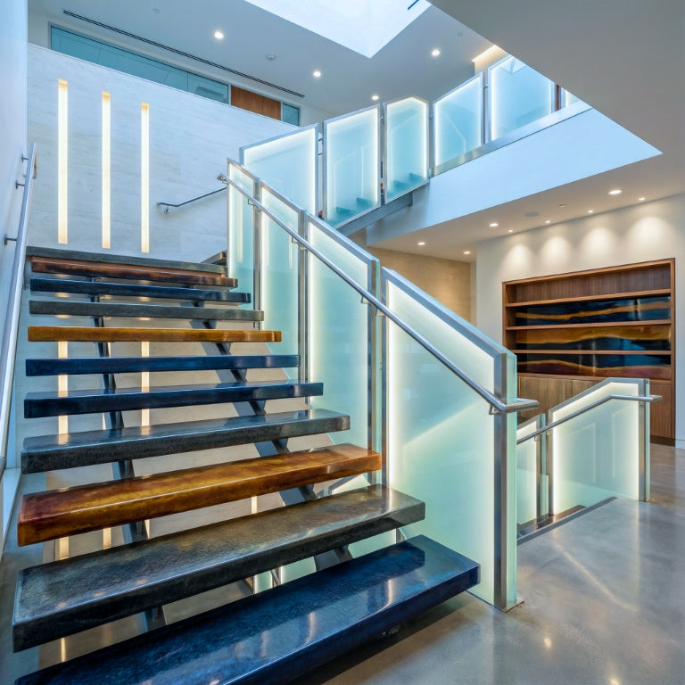 Modern interior staircase with dark stone treads and translucent glass rail panels, illuminated by recessed lighting in a large, open architectural atrium.
