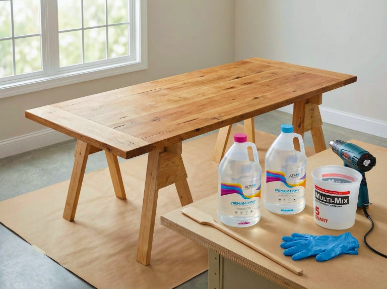 A rustic wooden dining table supported by temporary sawhorses sits in a bright room, with gallon bottles of UltraClear epoxy, a mixing container, gloves, a stir stick, and a heat gun on a nearby workbench in preparation for an epoxy pour.
