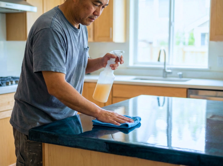 A man cleaning a glossy dark-blue epoxy kitchen countertop with a blue microfiber cloth while holding an unlabeled spray bottle filled with a light soapy solution. The kitchen has wooden cabinets and bright natural light from a window.